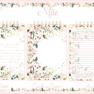 Arte digital com tema floral rosa, mostrando capa, contracapa e páginas internas decoradas.