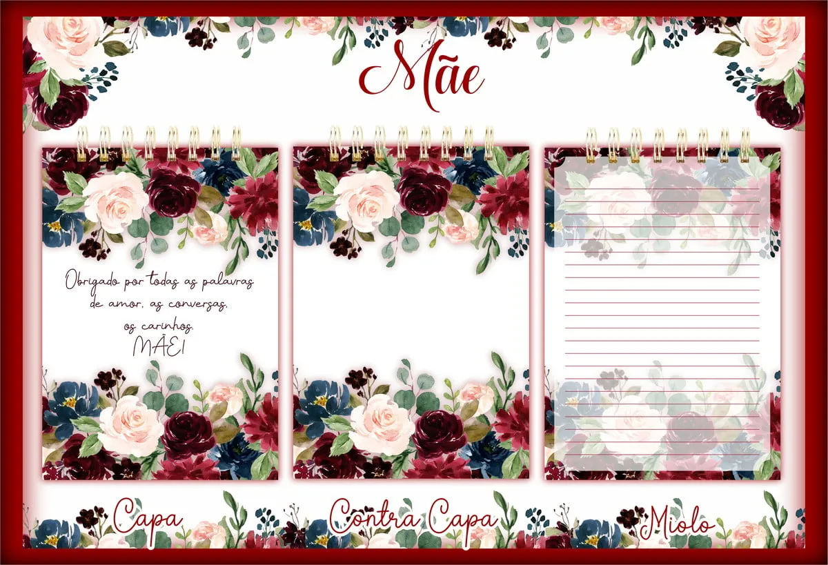Bloquinho Mãe Marsala Floral 1 Arte digital com capas e miolo decorados com flores em tons rosa e vinho