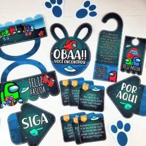 Caça aos Ovos Among Us 24 Recortes de papel impressos com temas espaciais e mensagens escritas espalhados sobre uma mesa.