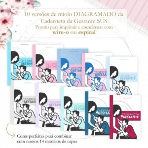 Caderneta da Gestante Sus 23 Dez versões de cadernetas coloridas organizadas em duas fileiras sobre fundo claro.