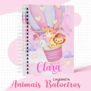 Caderneta de Saúde Animais Baloeiro Menina 11 Caderneta espiralada rosa com estampa de balão de ar quente e animais fofos
