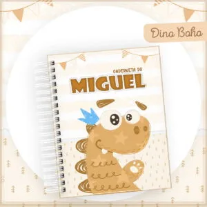 Capa de caderneta com desenho de dinossauro marrom e espiral branca