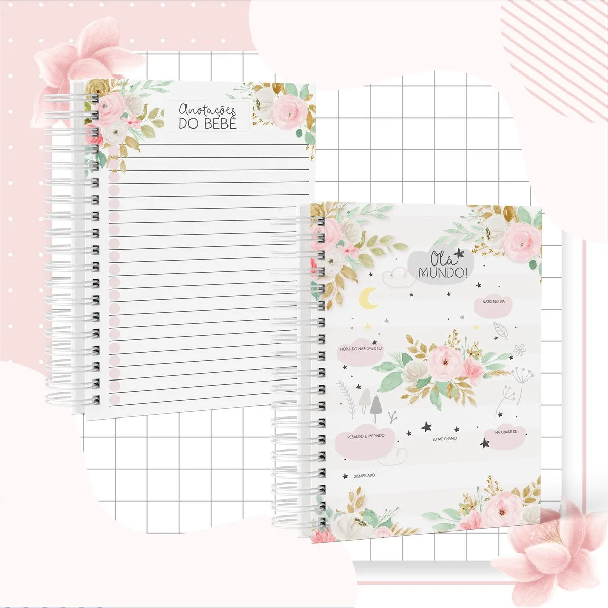 Cadernos com encadernação em espiral exibem páginas decoradas com flores rosas e folhas.