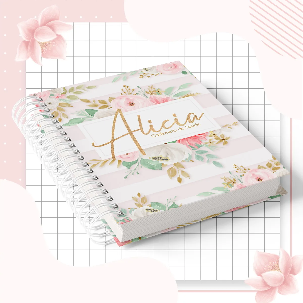 Caderno espiral com capa personalizada de flores em tons de rosa e branco