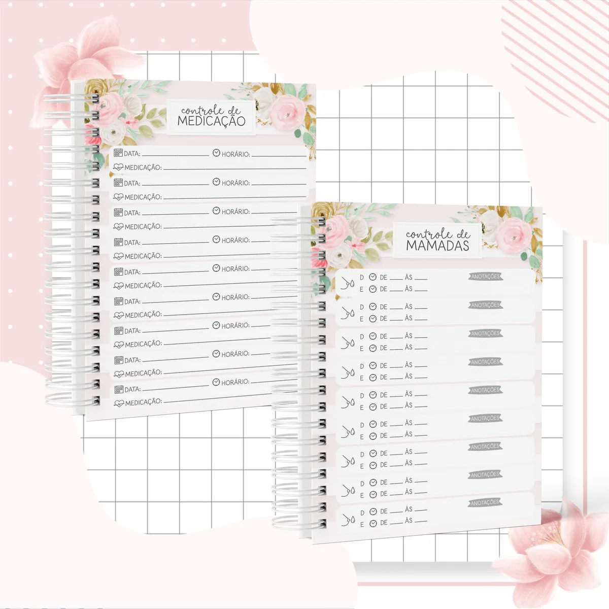 Cadernos impressos com folhas pautadas decoradas com flores rosas