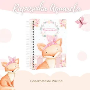 Caderneta espiral com ilustração de raposa aquarela e elementos decorativos rosas.