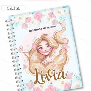 Caderneta de Saúde Rapunzel 12 Caderno espiral com capa ilustrada de personagem feminina com longos cabelos e flores.