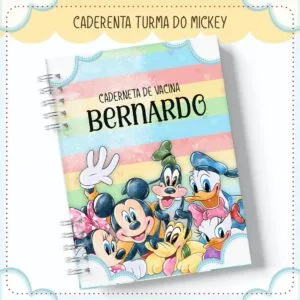 Caderno espiral colorido com ilustrações de personagens clássicos infantis e texto personalizado.