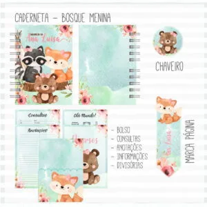 Caderneta de Vacina Bosque Menina #1 12 Kit de artes digitais com estampa de animais da floresta e tons pastéis.