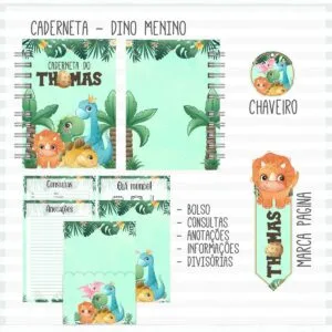 Arte digital de caderneta infantil com tema de dinossauros, folhas e itens personalizados.