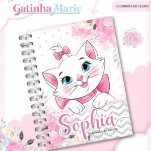 Caderneta espiralada rosa com gatinha branca ilustrada, laços rosa, flores e texto personalizado.