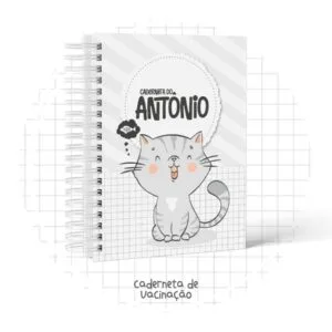Caderneta de Vacina Gatinho 14 Caderno espiral com capa ilustrada de um gato cinza fofo.