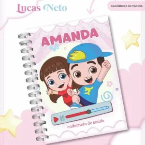 Caderneta infantil branca com espiral, duas crianças animadas, texto "caderneta de saúde" e "caderneta de vacina".