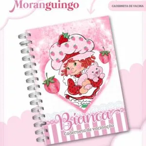 Imagem digital de caderneta rosa com espiral, ilustração de menina, gato e morangos.