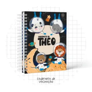 Caderno com tema espacial com animais astronautas e fundo escuro ilustrado.