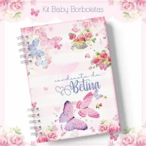 Caderneta De Vacinação Baby Borboletas 5 Caderno espiral com estampa rosa de borboletas e flores para arte digital.