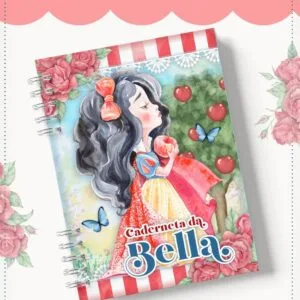 Caderno com capa ilustrada de menina de cabelos pretos segurando maça e rosas vermelhas.