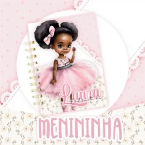 Caderneta de Vacinação Menininha Negra 15 Arte digital de caderno com capa ilustrada de menina negra com vestido rosa