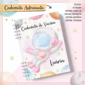 Capa de caderneta infantil com tema de astronauta em aquarela.