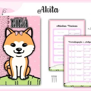 Caderno espiral personalizado com desenho de cachorro e páginas internas para controle veterinário.