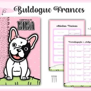 Caderneta personalizada com ilustração de cachorro e páginas internas para controle veterinário.