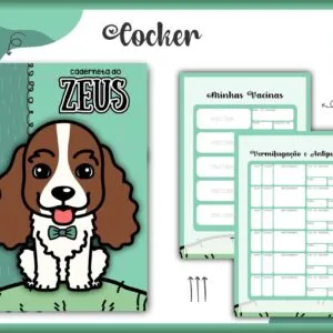 Caderneta personalizada com desenho de cachorro e páginas internas para controle de saúde animal.