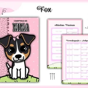 Capa e páginas internas de caderneta com ilustração de cachorro e detalhes cor-de-rosa
