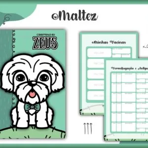 Caderneta espiral de pets com ilustração de cachorro e páginas internas para anotações veterinárias.
