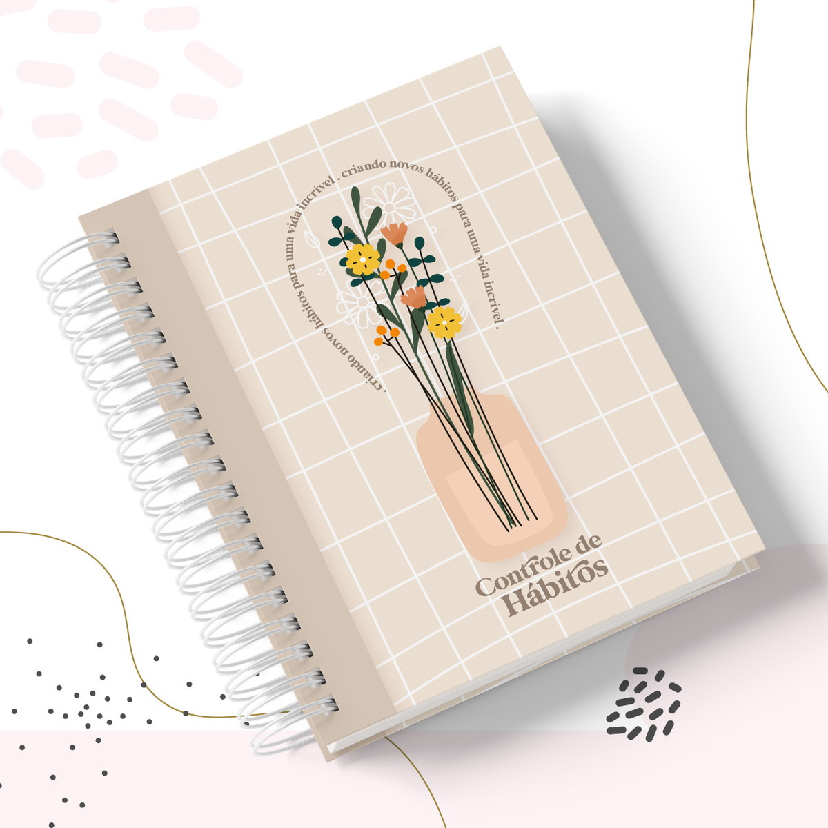 Caderno de Hábitos - Arquivo Digital 1 Arte digital de capa para planner com design floral e grade, ideal para controle de hábitos.