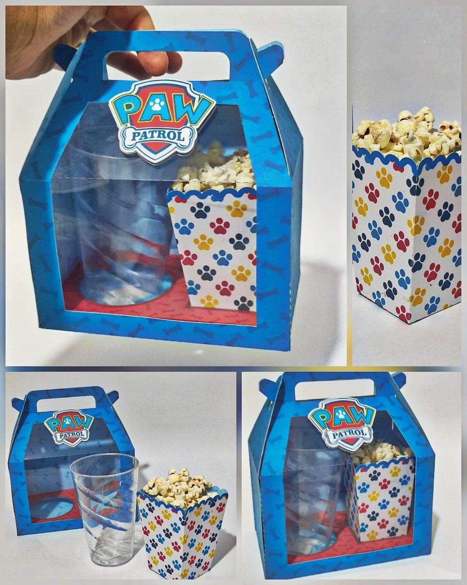 Caixa Kit Cinema com Cachepô - Arquivo Digital 1 Arquivo digital Patrulha Canina: caixa, copo e pipoca para festas infantis.