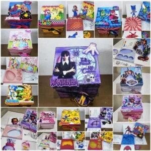 Caixas Explosões Páscoa Infantil 14 Colagem digital com caixas decoradas e personagens de desenhos infantis