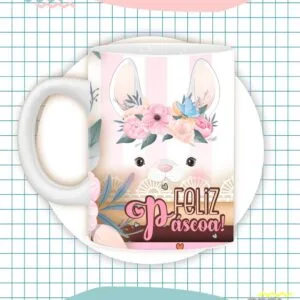 Caneca branca estampada com coelho de Páscoa e flores delicadas