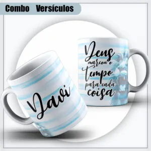 Duas canecas brancas com estampa azul listrada e escrita em letras pretas.