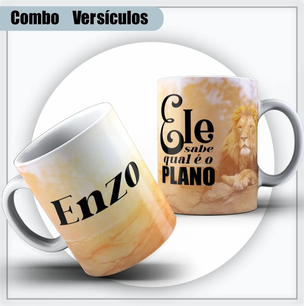 Duas canecas brancas estampadas com o nome e imagem de um leão.