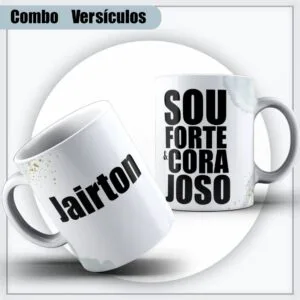 Duas canecas brancas com frases motivacionais e nomes impressos sobre fundo claro.