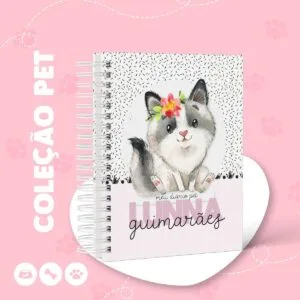 Ilustração de filhote de cachorro com flor na cabeça em capa de diário