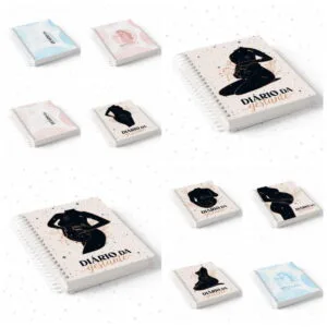 Várias capas de cadernos espiral com ilustrações de gestantes em tons pastéis e azul.
