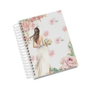 Capas Encadernação Noivas 18 Caderno espiral com capa ilustrada de mulher de vestido longo e rosas.