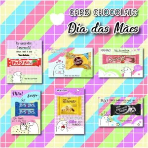 Cartões digitais de Dia das Mães com ilustrações e barras de chocolate