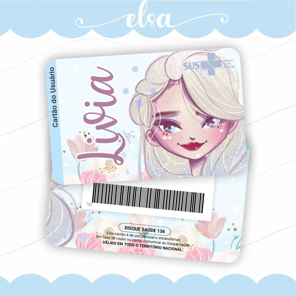 Cartão Sus Elsa 1 Cartão personalizado de usuário do sistema de saúde com ilustração de personagem feminina.
