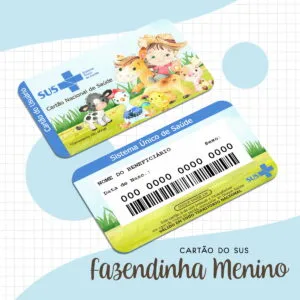 Cartões de saúde infantil com ilustrações de personagens de fazenda sobre fundo quadriculado.