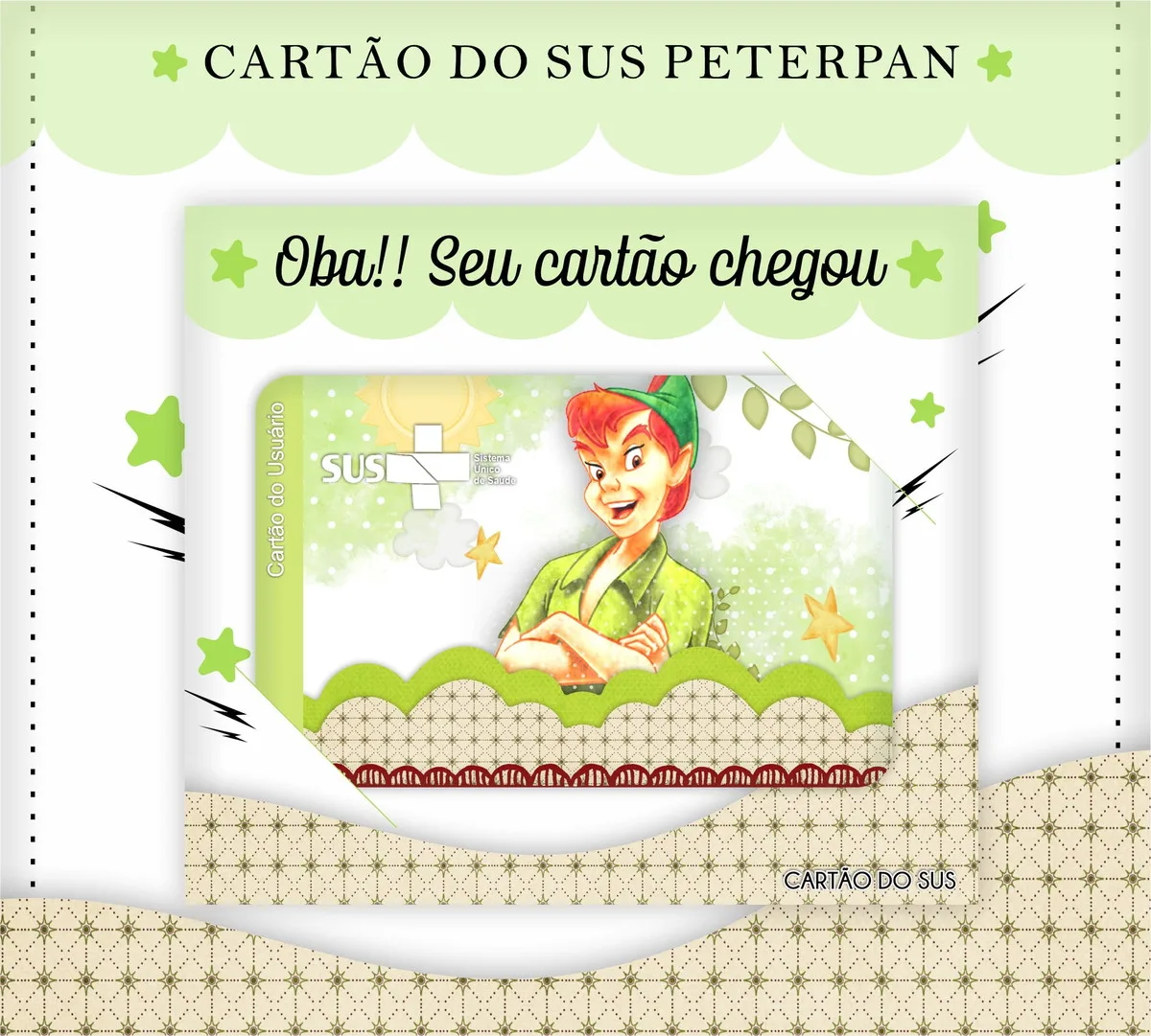 Cartão Sus Peter Pan 2 Arte digital com cartão temático verde e ilustração de personagem infantil