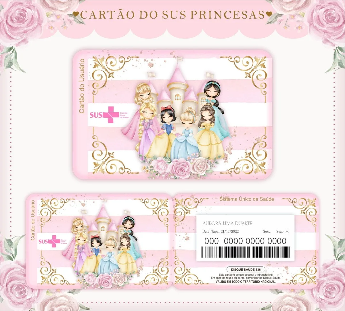 Design digital rosa com ilustrações de princesas e castelo para cartão de saúde personalizado.