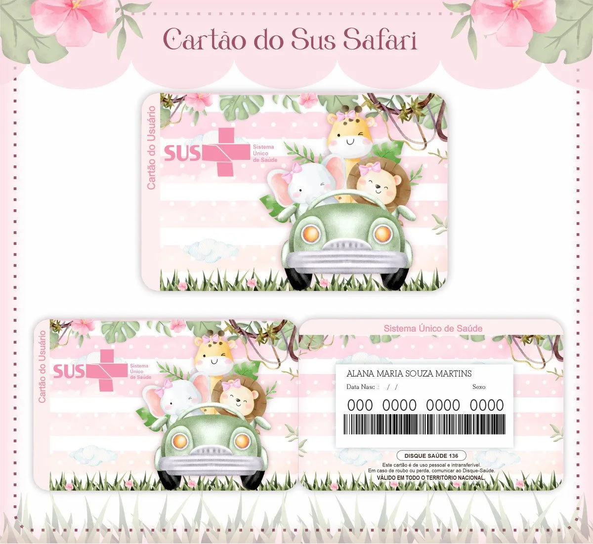 Cartão Sus Safari Menina Rosa 1 Cartão Sus Safari Menina Rosa