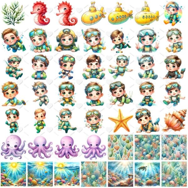 Cliparts Fundo do Mar Aquarela Menino Png Imagens Baby 3D