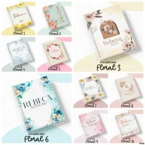 Apresentação de várias capas de agendas com estampas florais variadas e nomes.