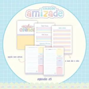 Folhas de agenda coloridas com campos para dados pessoais, senhas e planejamento diário.