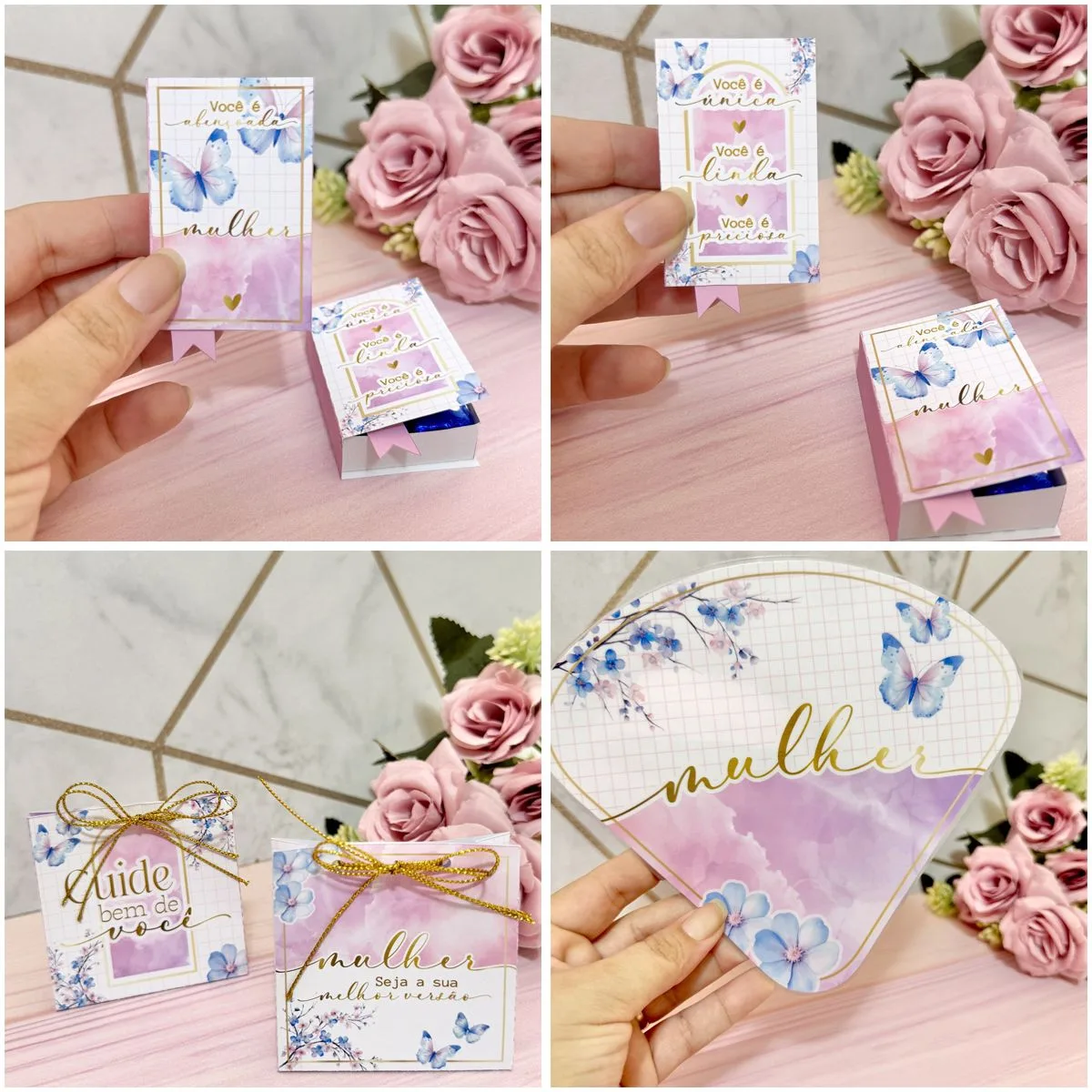 Pequenas caixas e cartões decorados com borboletas, flores e textos inspiradores.
