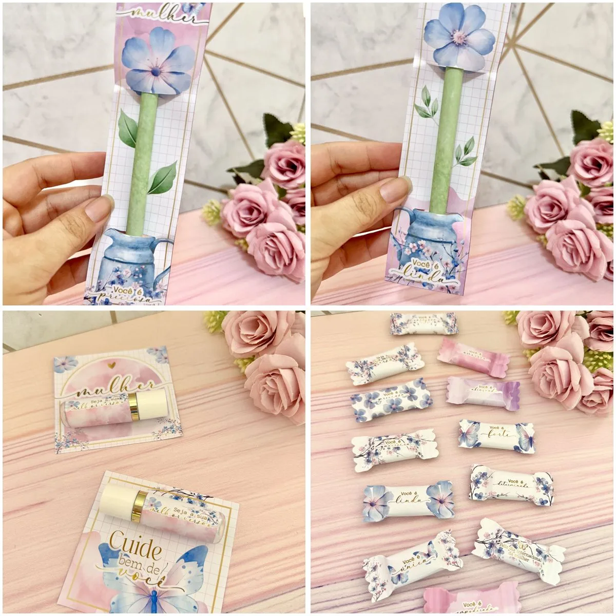 Conjunto de artes digitais com designs florais, borboletas e mensagens inspiradoras para mulheres.