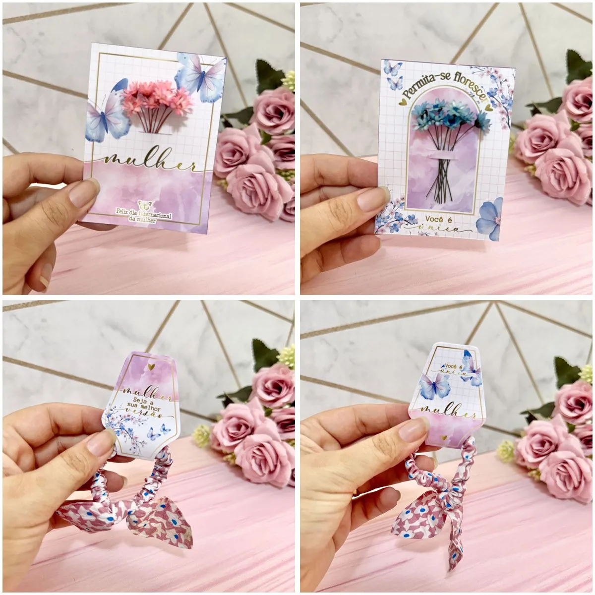 Quatro fotos de mãos exibindo cartões e elásticos de cabelo com designs florais.